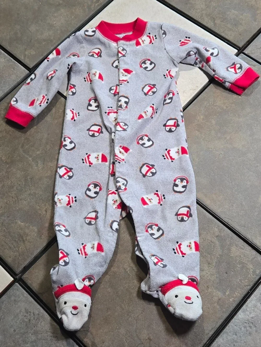 Carter's Santa Penguin Footed Pajamas 6-9 Months Gray Fleece Christmas Sleeper